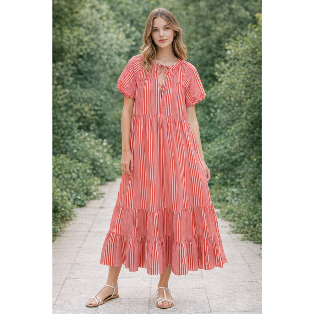 Mersea Birdie Striped Cotton Breathable With Pockets Red Striped Dress L/XL NWT